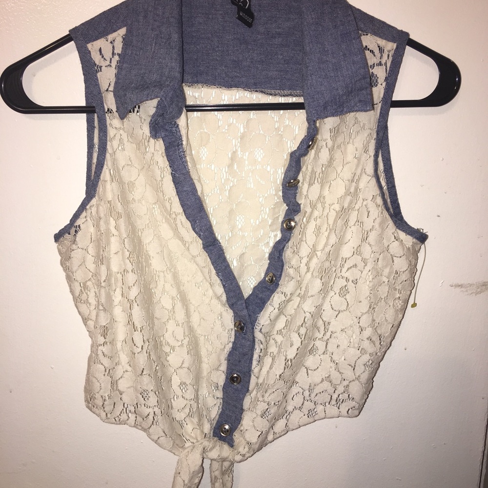 💫Windsor Lace & Denim Tie-Up Crop Top